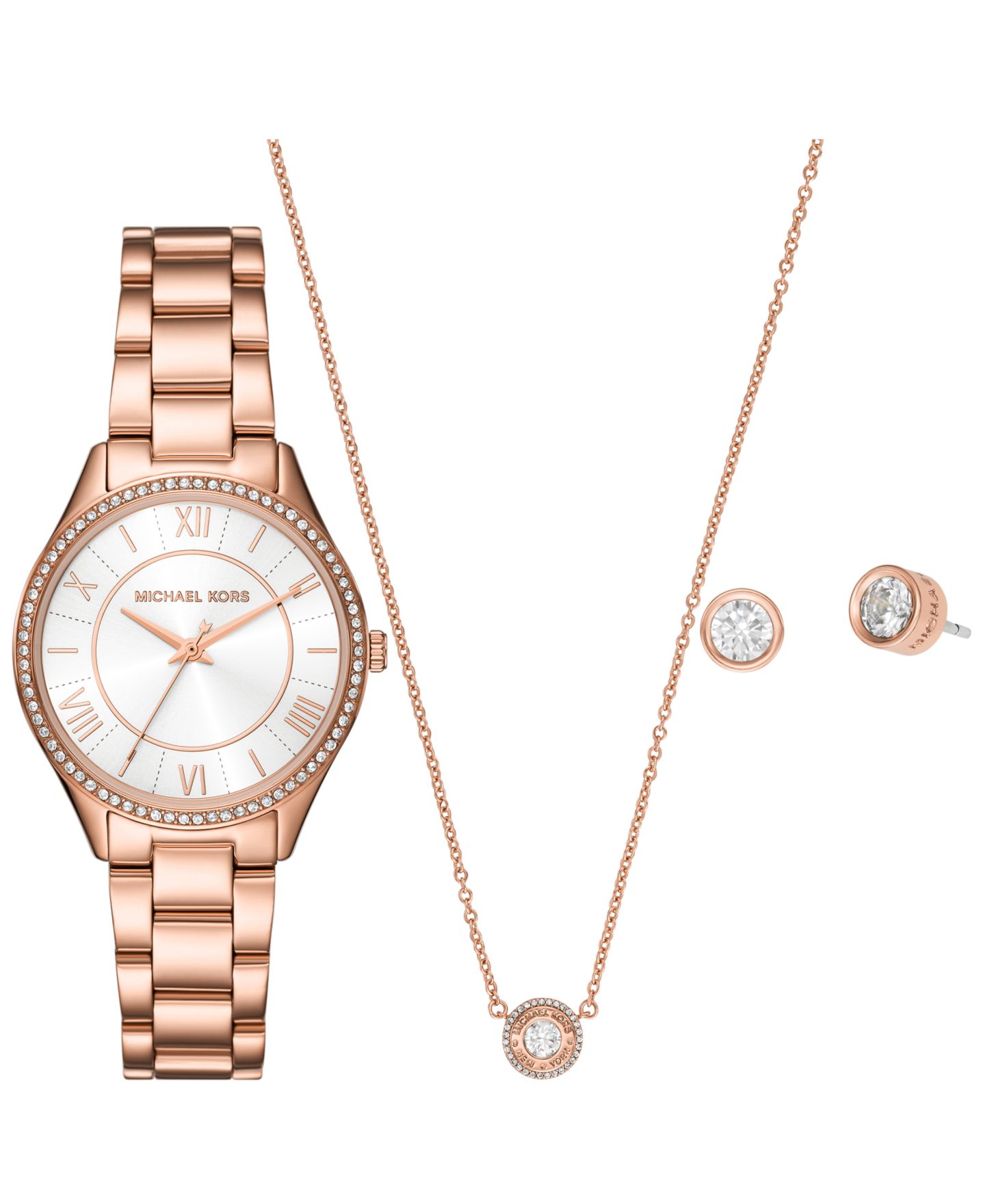 Женский набор Michael Kors Lauryn часы 33мм, серьги и колье, розовое золото — фото 1