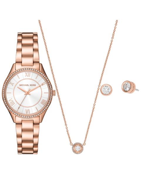 Женский набор Michael Kors Lauryn часы 33мм, серьги и колье, розовое золото