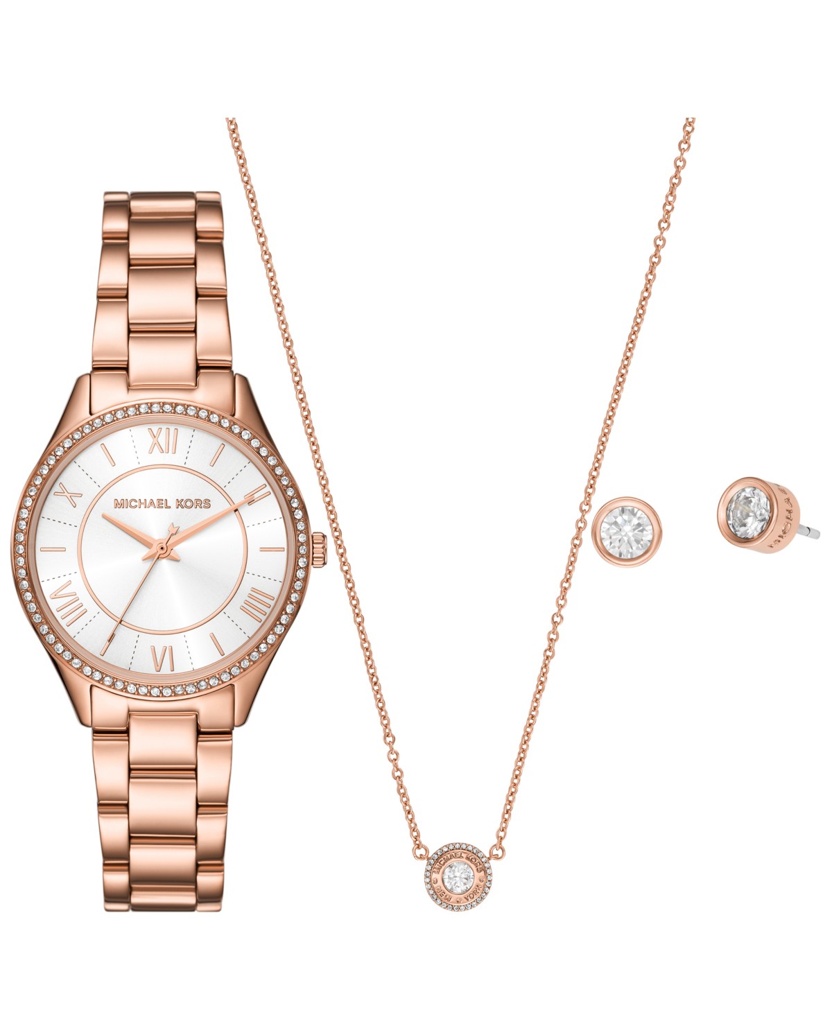 Женский набор Michael Kors Lauryn часы 33мм, серьги и колье, розовое золото — фото 2