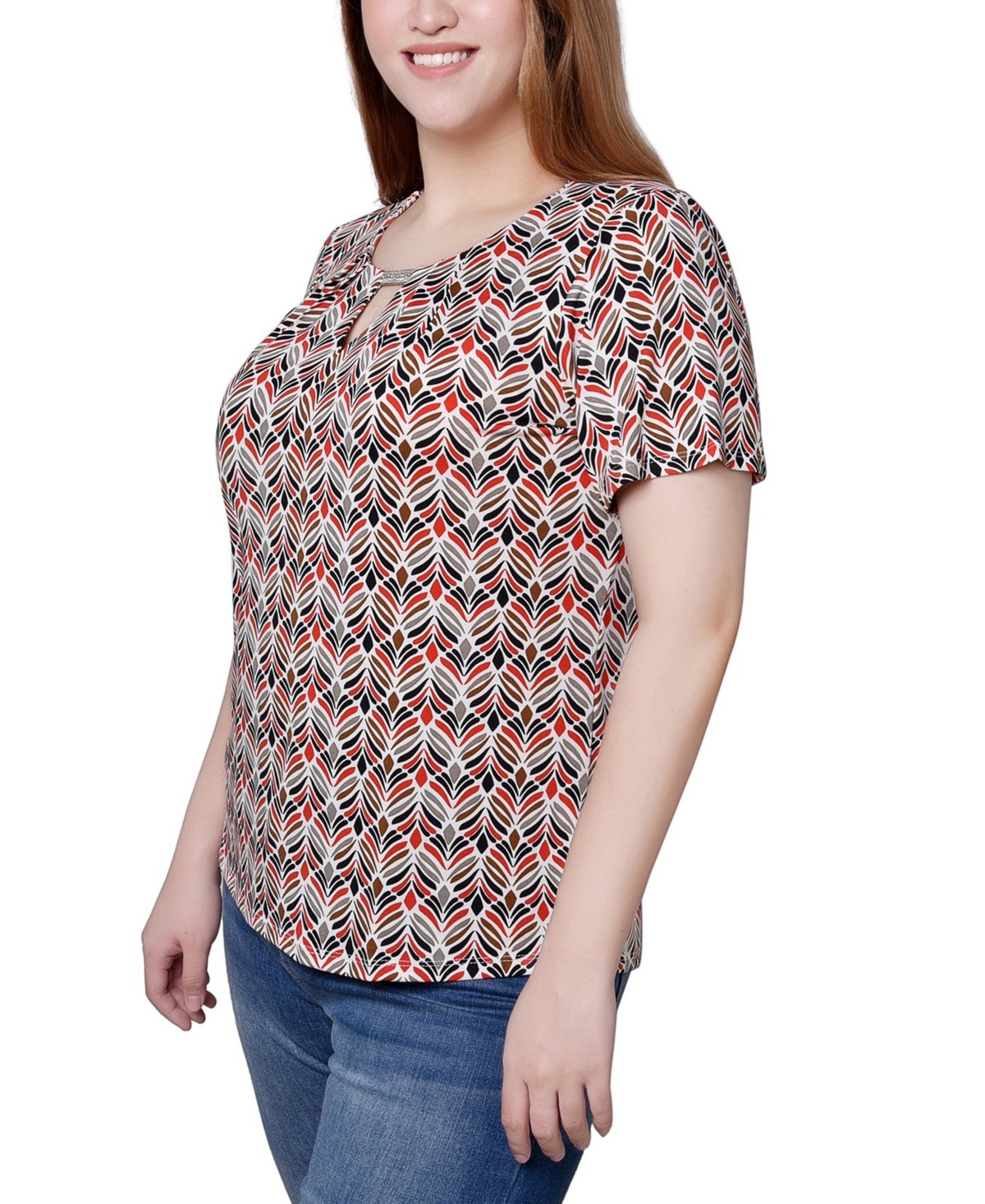 Ny Collection Short Sleeve Top With Hardware In Diamond Feather