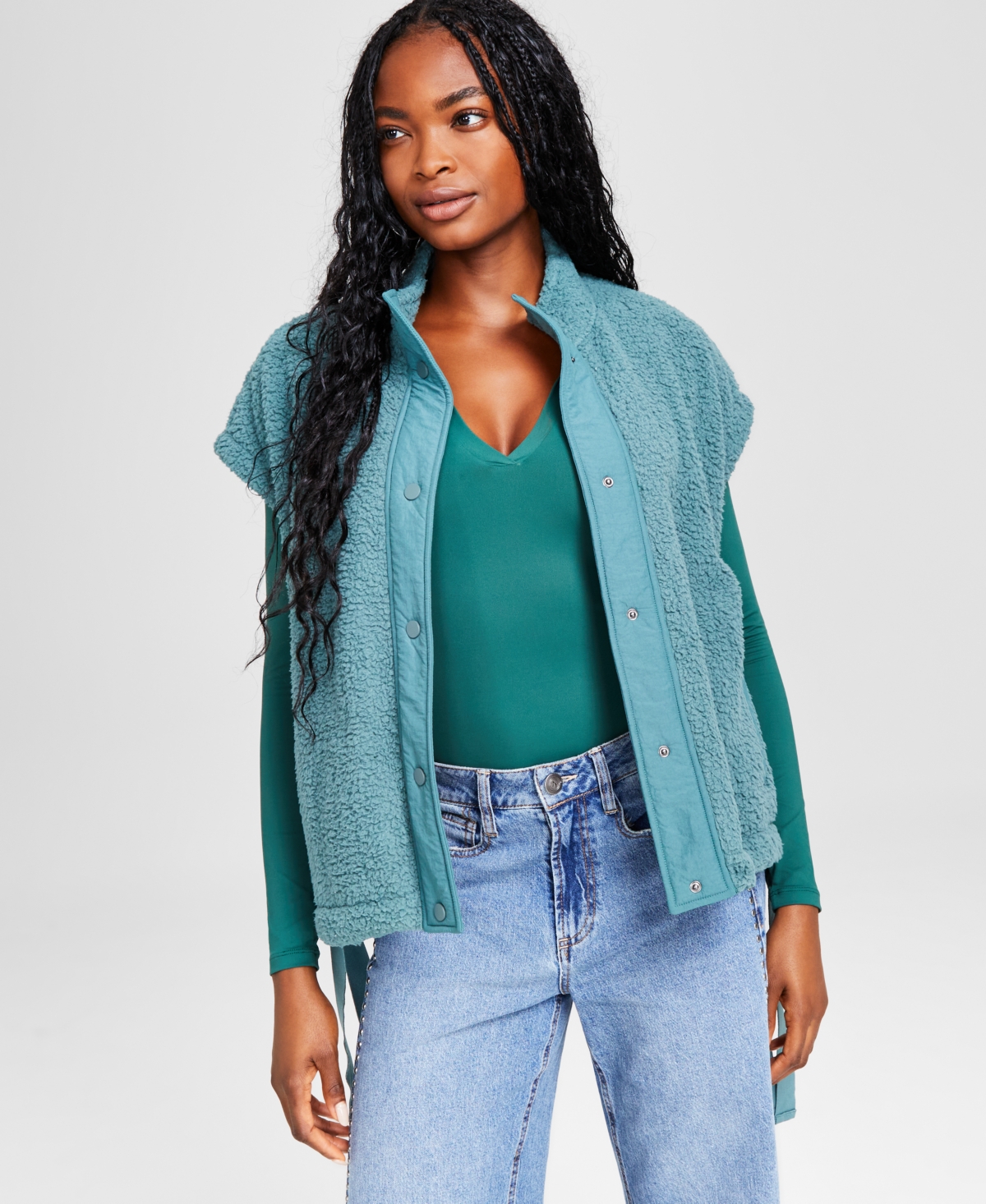 Women's Extended-Shoulder Side-Tie Sherpa Vest, Created for Macy's - North Atlantic