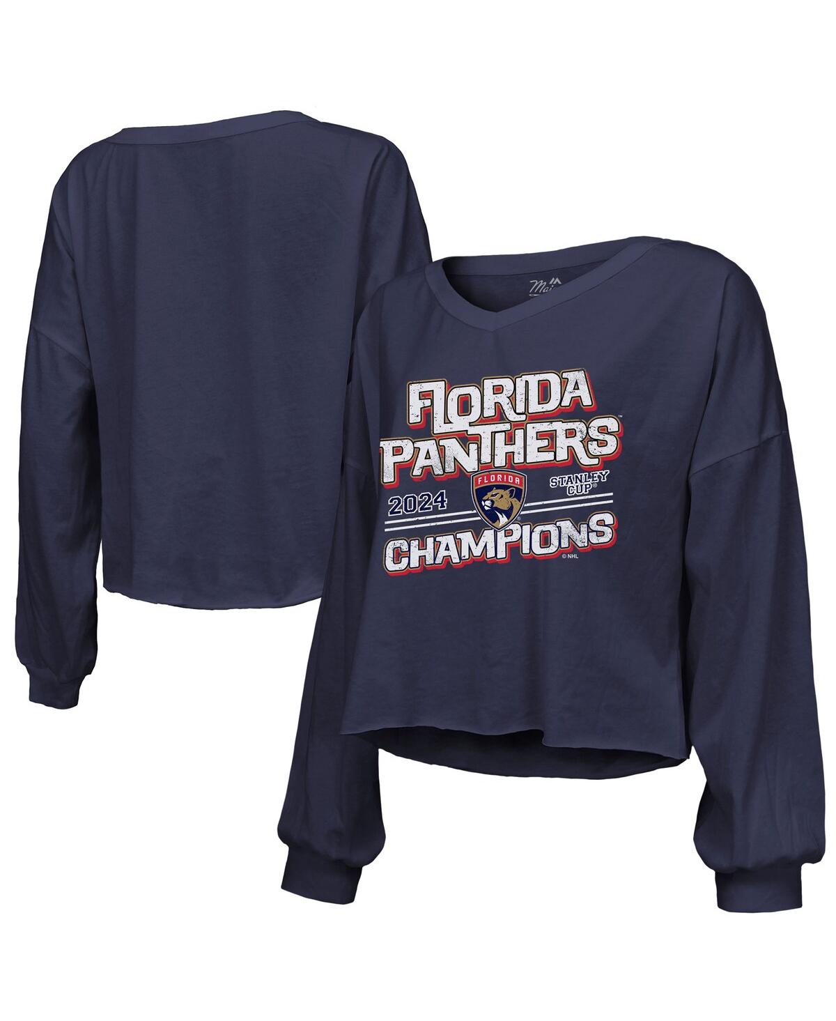 Women's Navy Florida Panthers 2024 Stanley Cup Champions Off-Shoulder Long Sleeve V-Neck T-Shirt - Navy