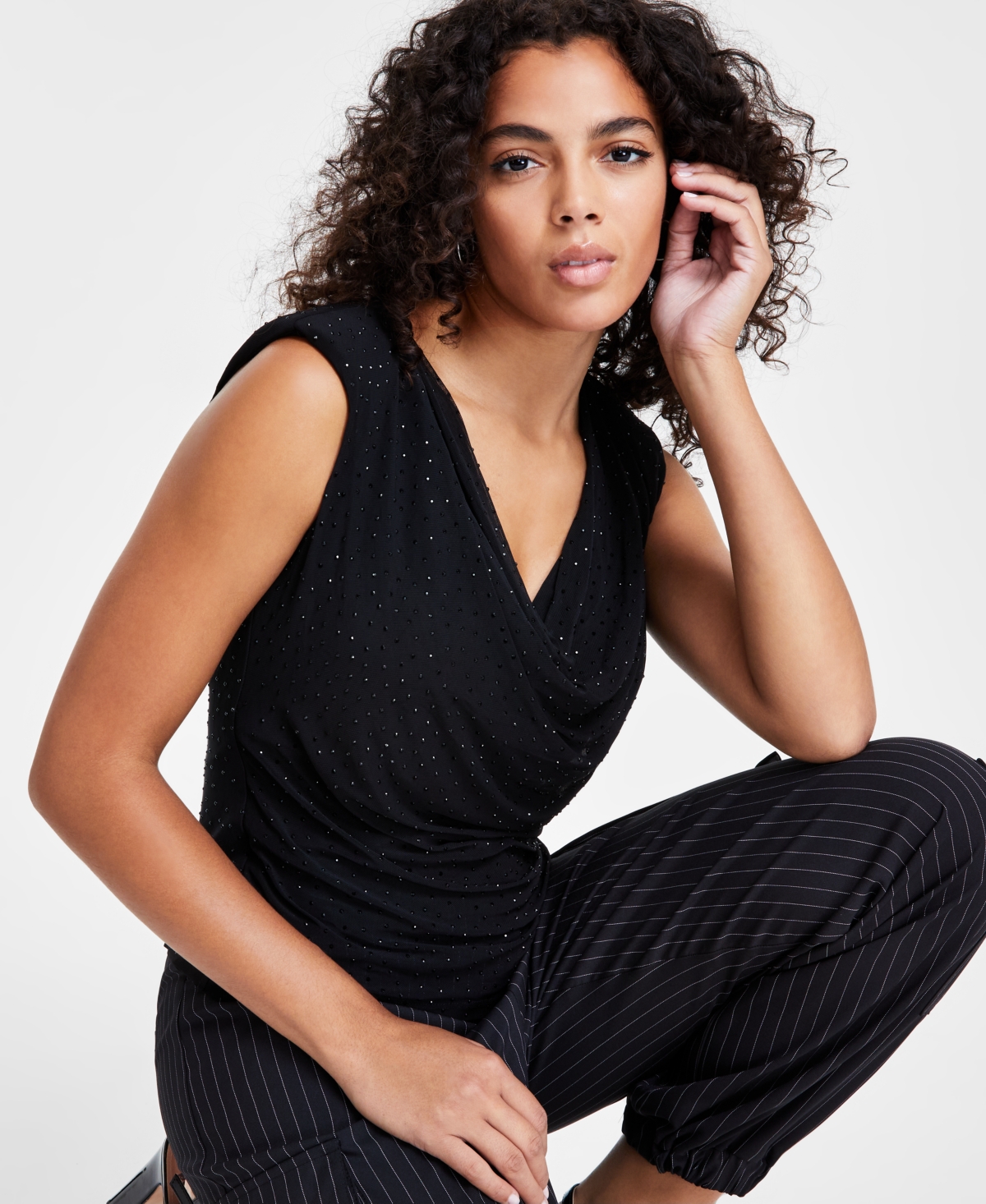 Bar Iii Women's Rhinestone Mesh Cowlneck Ruched Top, Created for Macy's