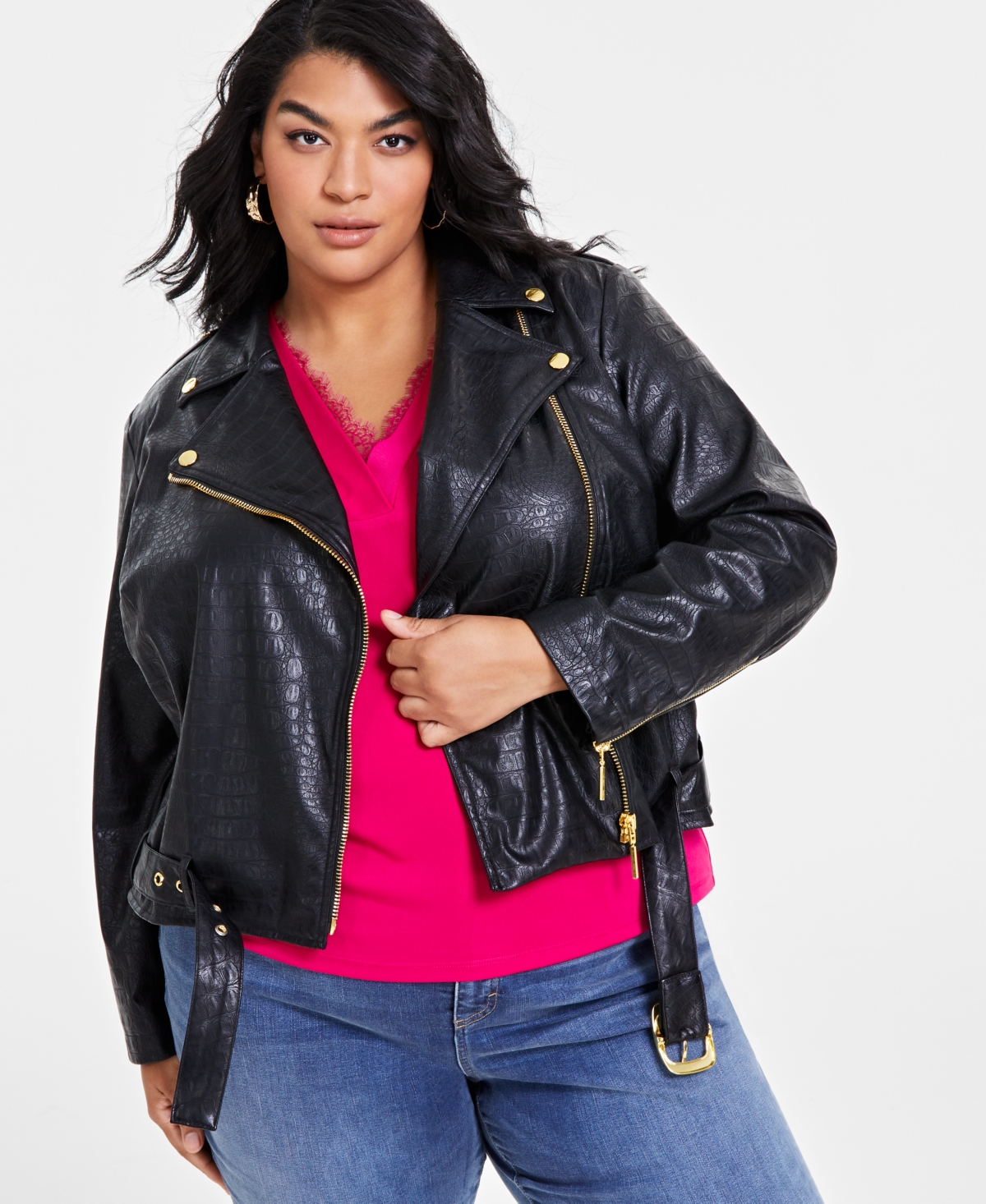 I.n.c. International Concepts Plus Size Croc-Embossed Faux-Leather Moto Jacket, Created for Macy's
