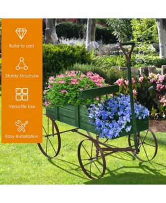 Wooden Wagon Plant Bed with Metal Wheels for Garden Yard Patio