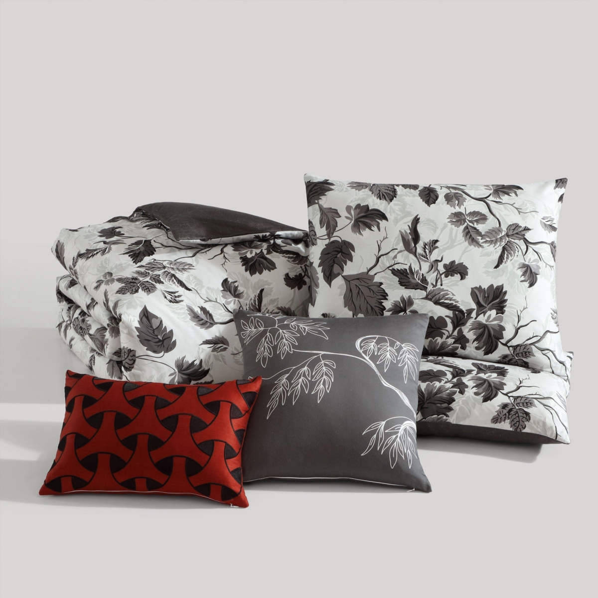 BebejanLeaves Bedding 200 Thread Count 100% Cotton Sateen 5 Piece Reversible Comforter Set - Grey