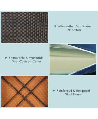 4PCS Acacia Wood Patio Furniture Set Rattan Conversation Set w/ Navy Cushions