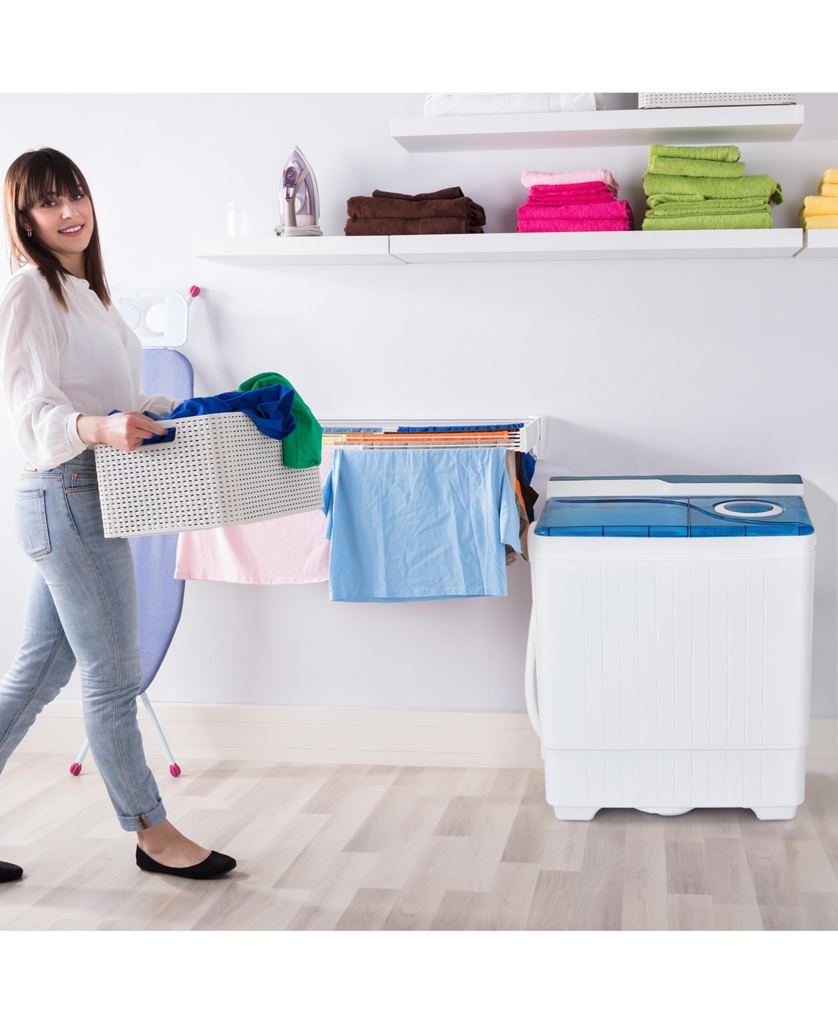 Gymax Portable Semi-automatic Washing Machine lbs Twin Tub Laundry Washer Blue - White+blue