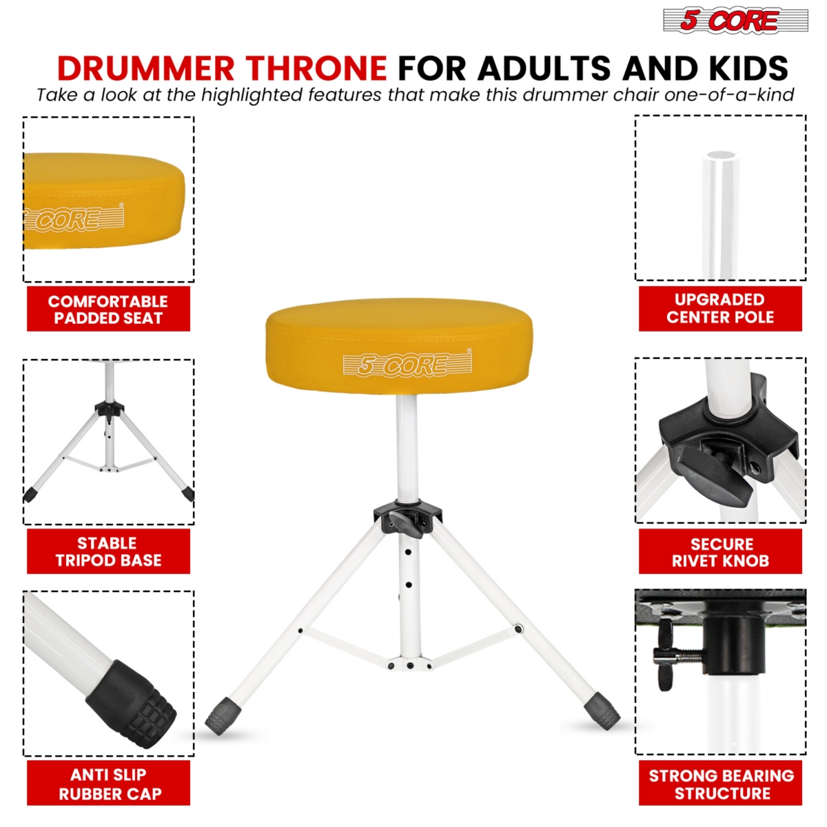 5 Core Drum Throne Padded Guitar Stool Height Adjustable Music Chair Ds 01 Ylw