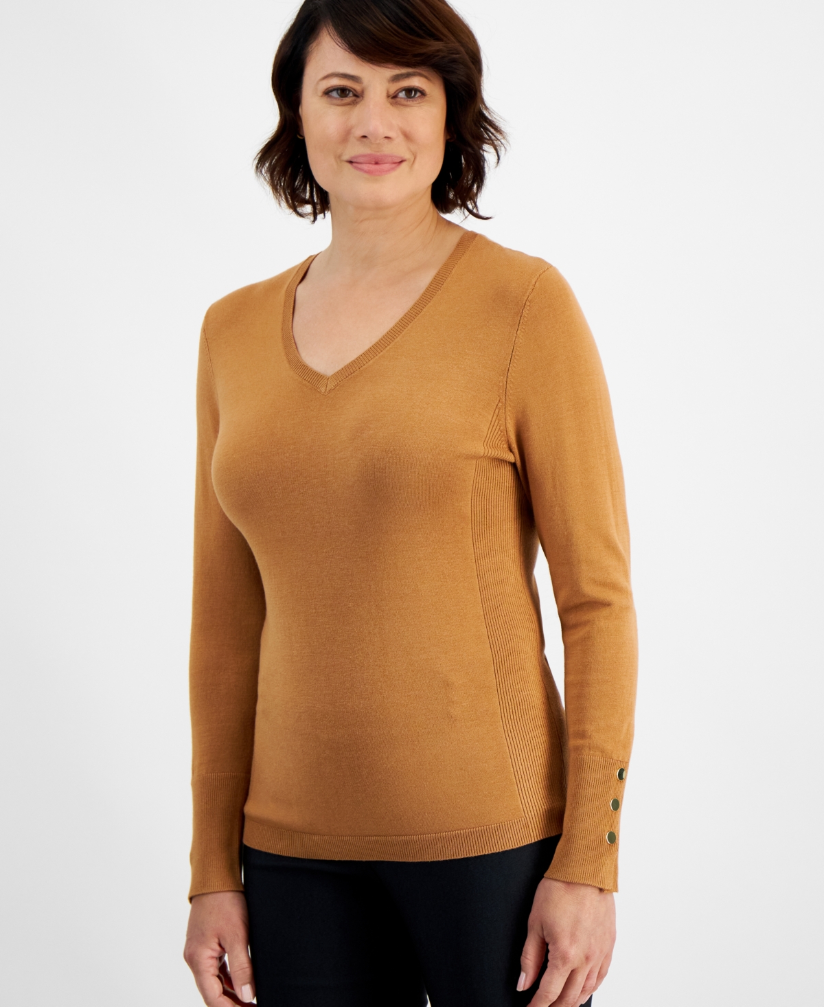 JM COLLECTION WOMEN'S BUTTON-CUFF V-NECK SWEATER, CREATED FOR MACY'S 