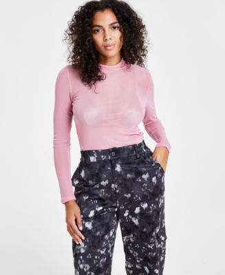 Bar III Women's Long-Sleeve Shiny Mesh Mock-Neck Top