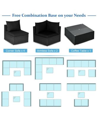 7 Pieces Sectional Wicker Furniture Sofa Set with Tempered Glass Top-Black