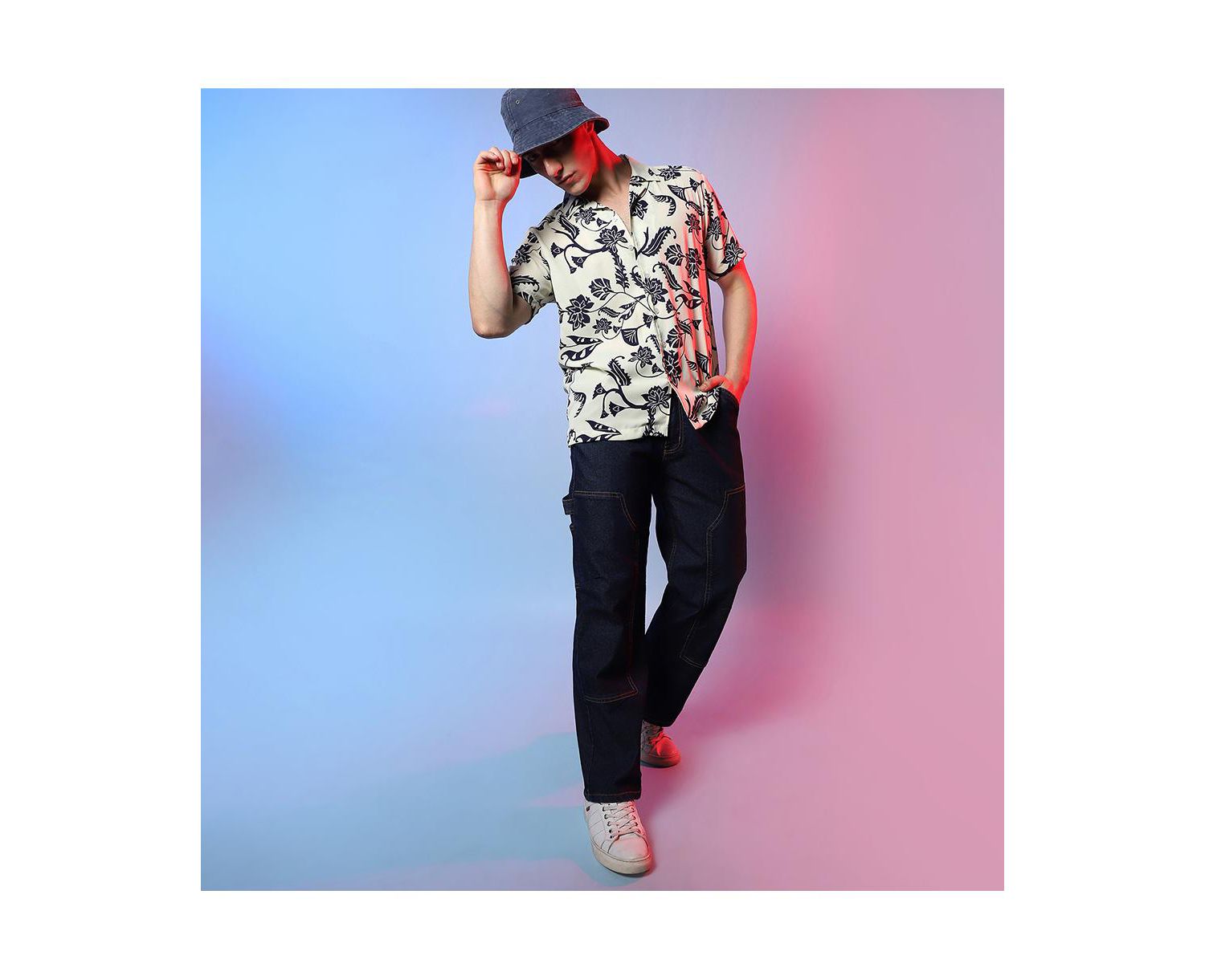 Men's Midnight Black & Ivory White Contrast Flower Shirt