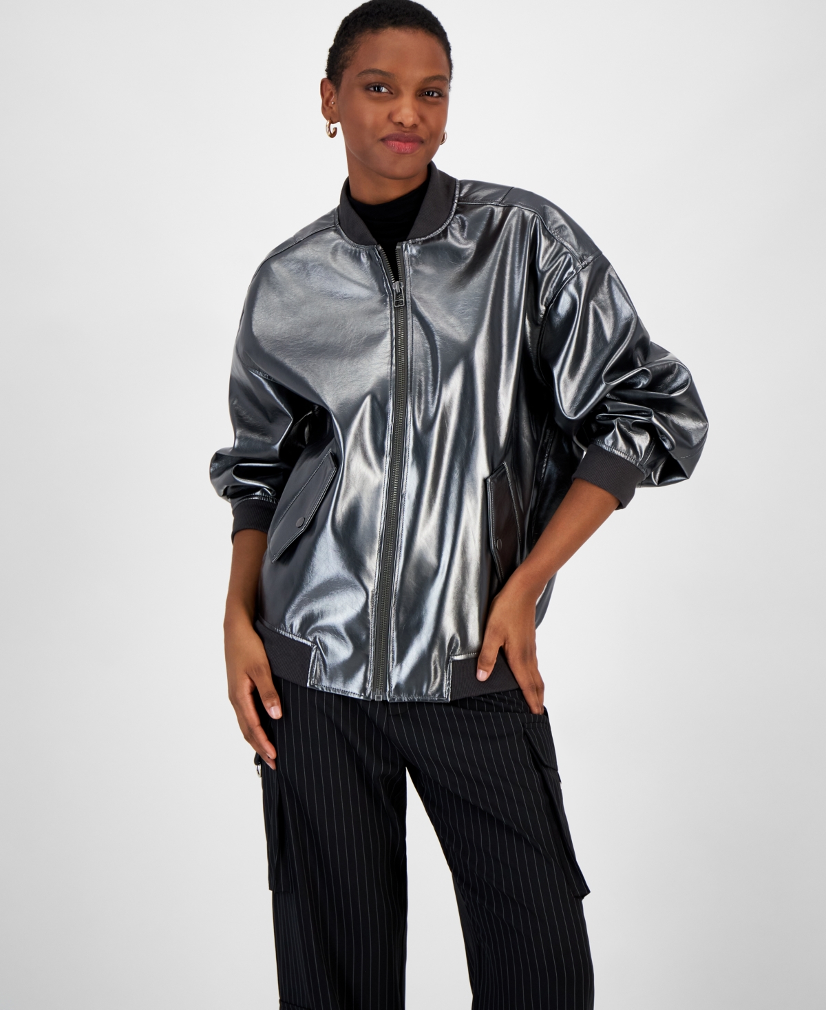 Women's Foil Faux-Leather Bomber Jacket, Created for Macy's - Silver