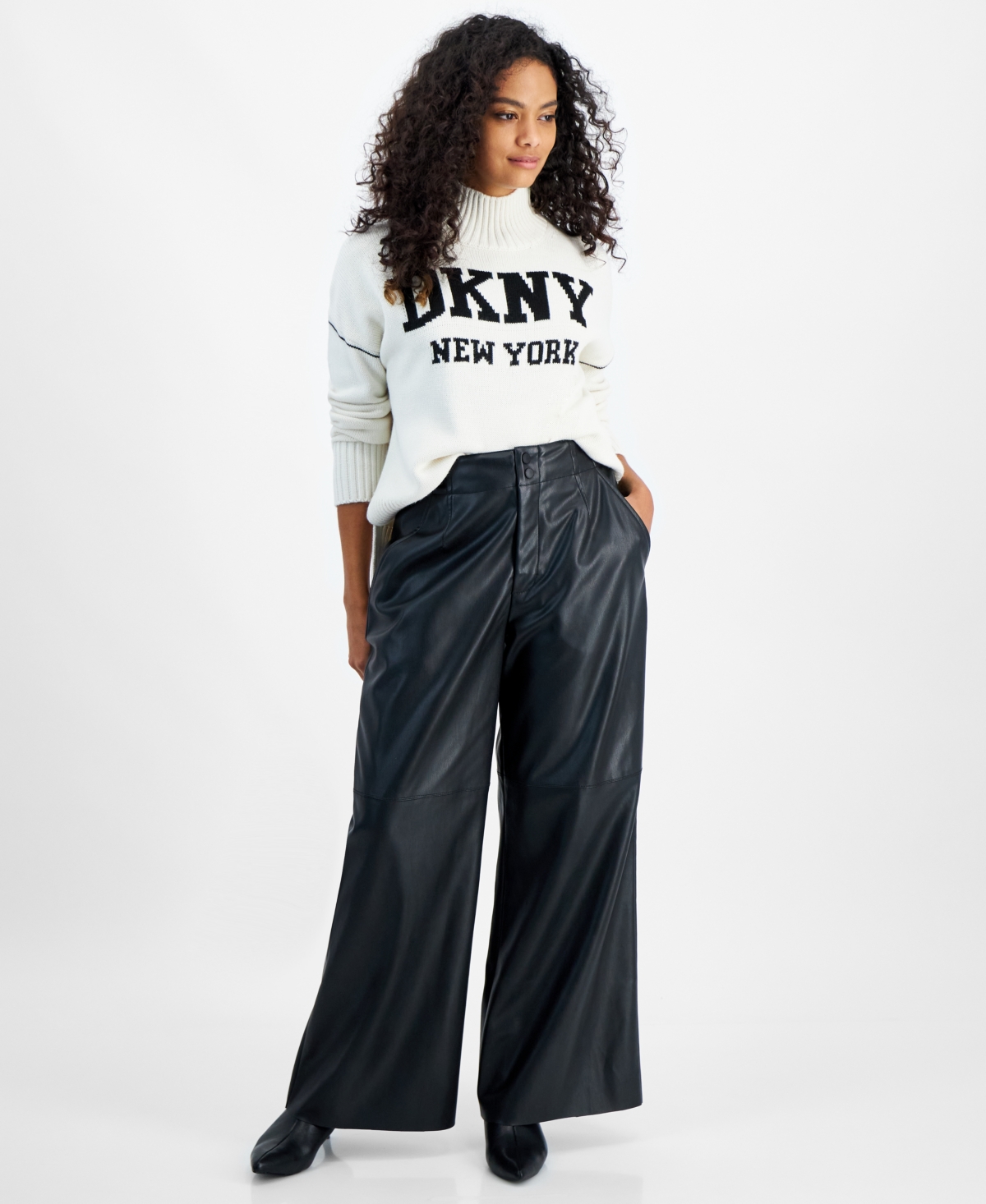 Petite Faux Leather Wide-Leg Pants - Black