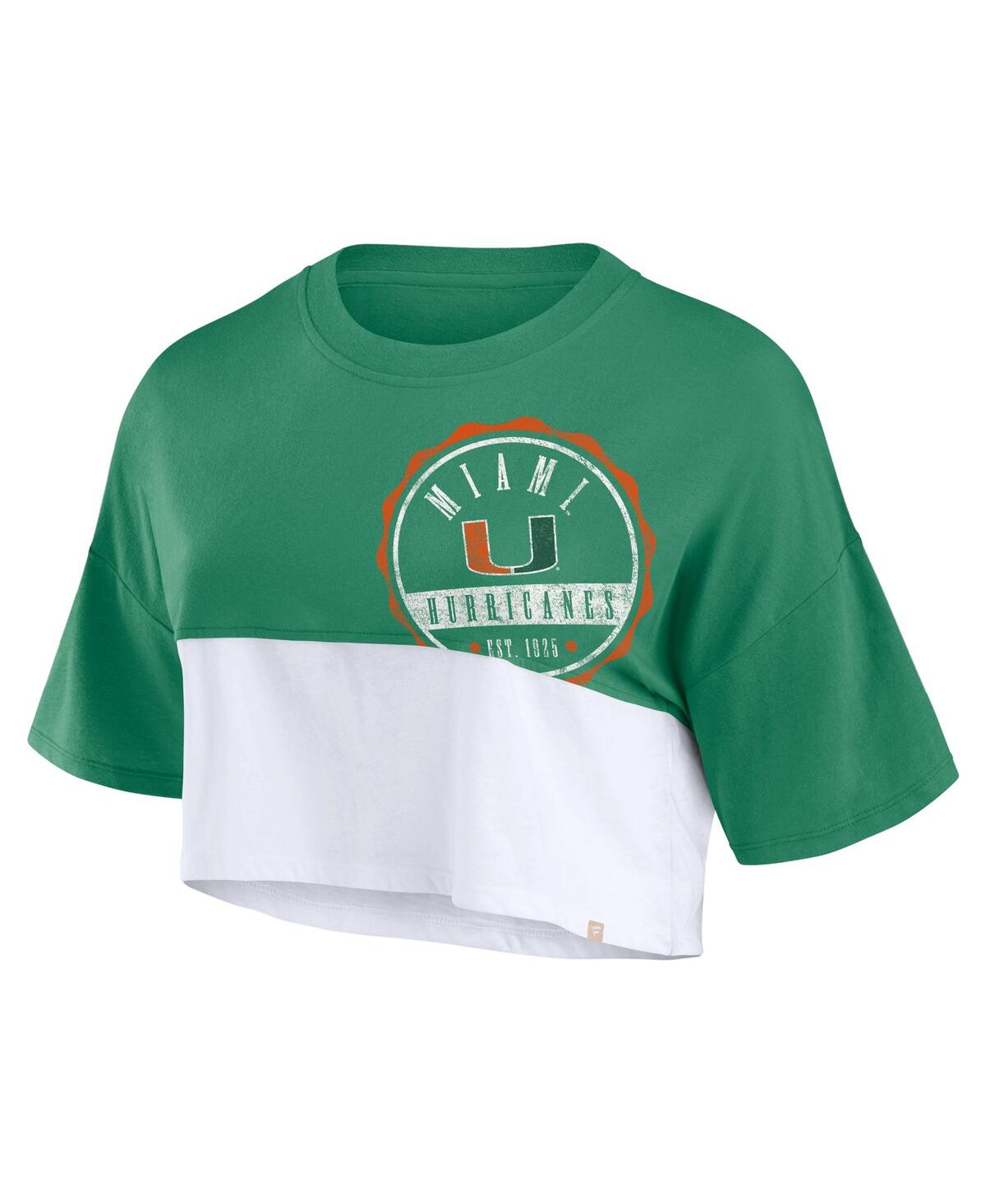 Fanatics Women's Green/white Miami Hurricanes Oversized Badge Colorblock Cropped T-shirt In Green,white