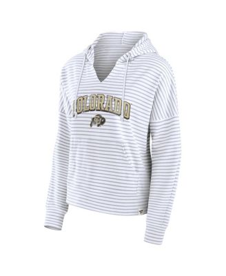 Women's White/Gray Colorado Buffaloes Arch Logo Striped Notch Neck Pullover Hoodie