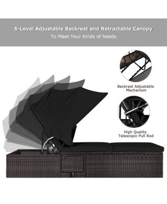 Set of 2 Rattan Patio Chaise Lounge Chair W/ Adjustable Canopy Black Cushion