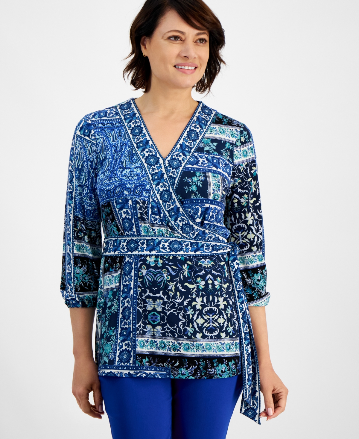 Jm Collection Petite Patchwork Faux Wrap Top, Created for Macy's
