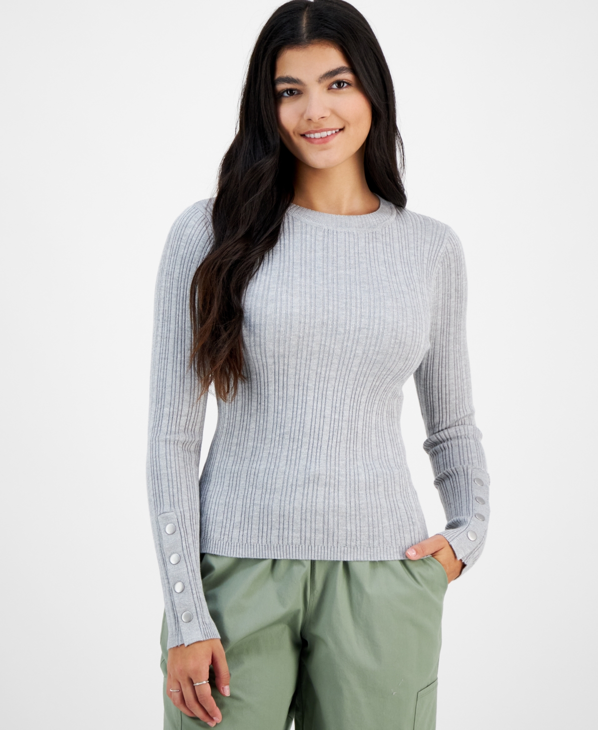 Hooked Up by Iot Juniors' Snap-Cuff Ribbed Crewneck Sweater - Light Grey