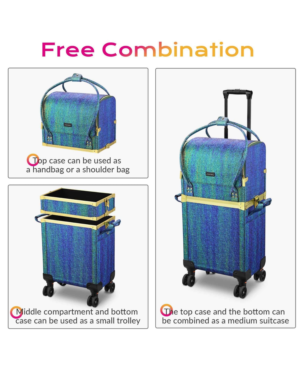 Byootique Malachite Green Makeup Train Case Lockable Rolling Cosmetic Trolley