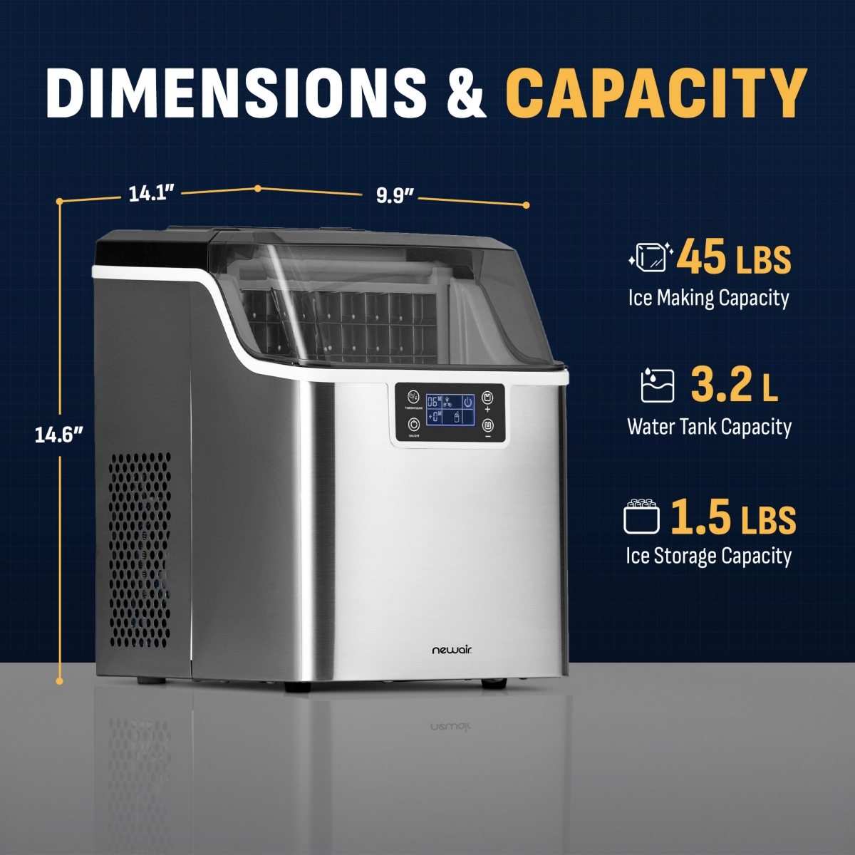 Newair Countertop Portable Clear Ice Cube Maker Machine, 45lbs/24H, in Stainless Steel
