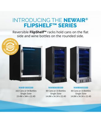 Wine & Beverage Refrigerator – 15" FlipShelf, Dual Zone, 80 Cans/33 Bottles, Black Stainless, Glass Door, Quiet Cooling, Built-in/Freestanding