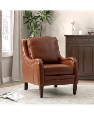 Traditional Pascual 27.56" Wide Genuine Leather Arm Chair with Rubber Wood Legs