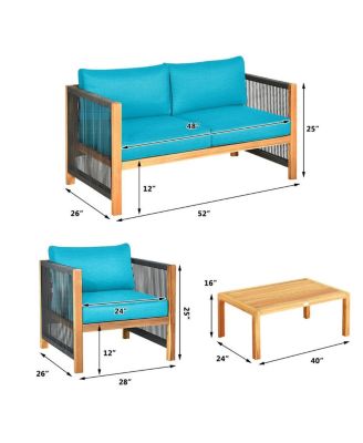 4 Pieces Acacia Wood Sofa Set with Cushions for Outdoor Patio-Blue