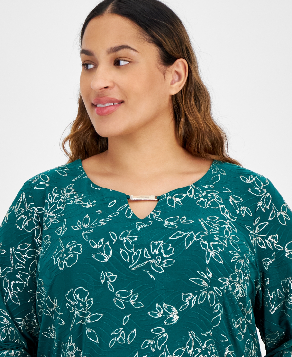 Jm Collection Plus Size 3/4-sleeve Jacquard Top, Created For Macy's In Pure Emerald Combo