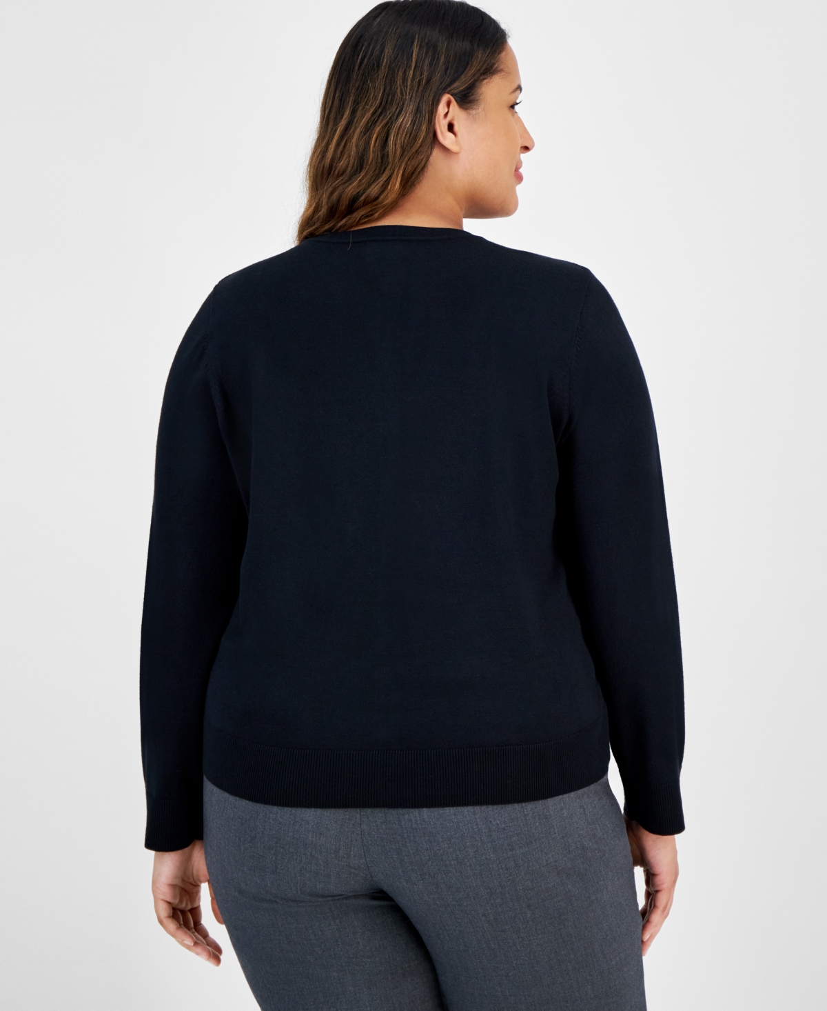 Jm Collection Plus Size Applique Long-sleeve Button-front Cardigan, Created For Macy's In Deep Black
