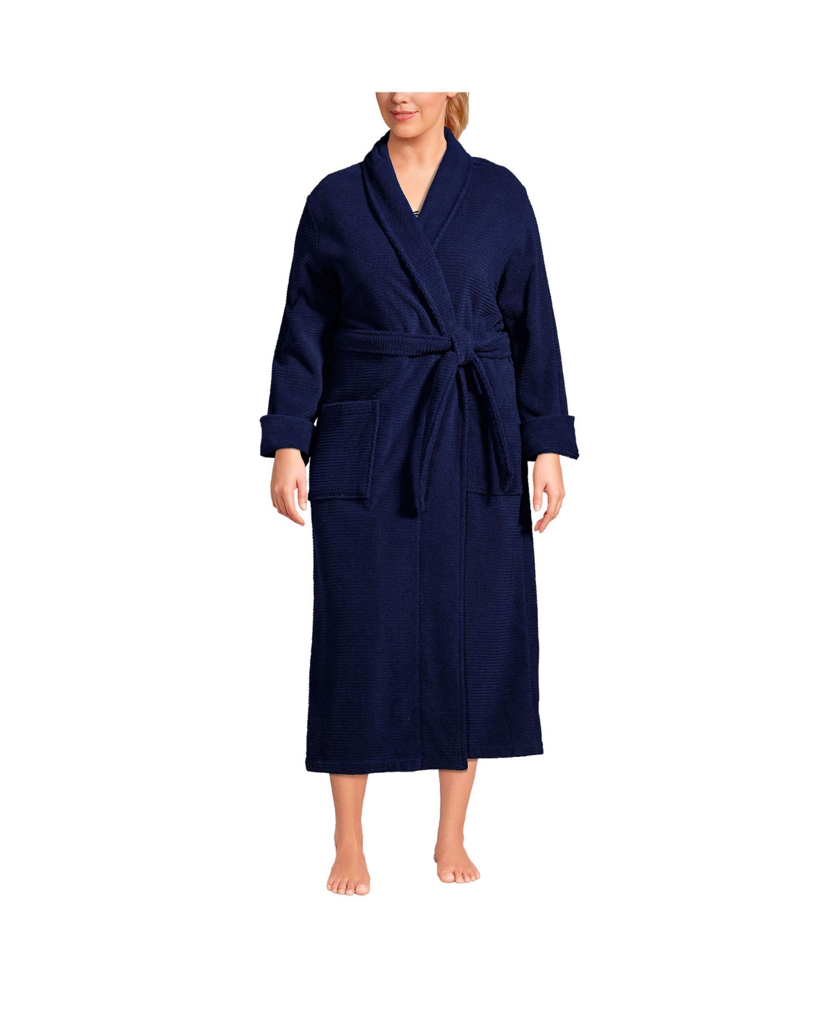 Plus Size Cotton Terry Long Spa Bath Robe - Deep sea navy