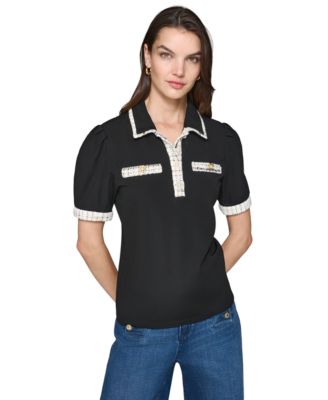 KARL LAGERFELD PARIS - Women's Tweed-Trim Polo Top