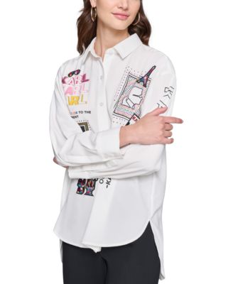 売れ筋商品|||カールラガーフェルド カットソー トップス レディース Petite Cotton Button-Front Embellished Shirt White KARL LAGERFELD PARIS Petite Embellished Printed Long-Sleeve