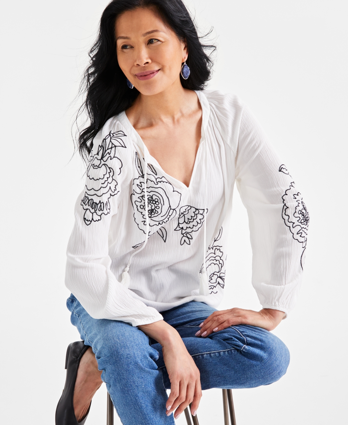 Style & Co Women's Embroidered Popover Peasant Top, Created for Macy's