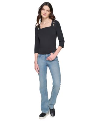KARL LAGERFELD PARIS - Petite Hardware-Embellished Square-Neck 3/4-Sleeve Top