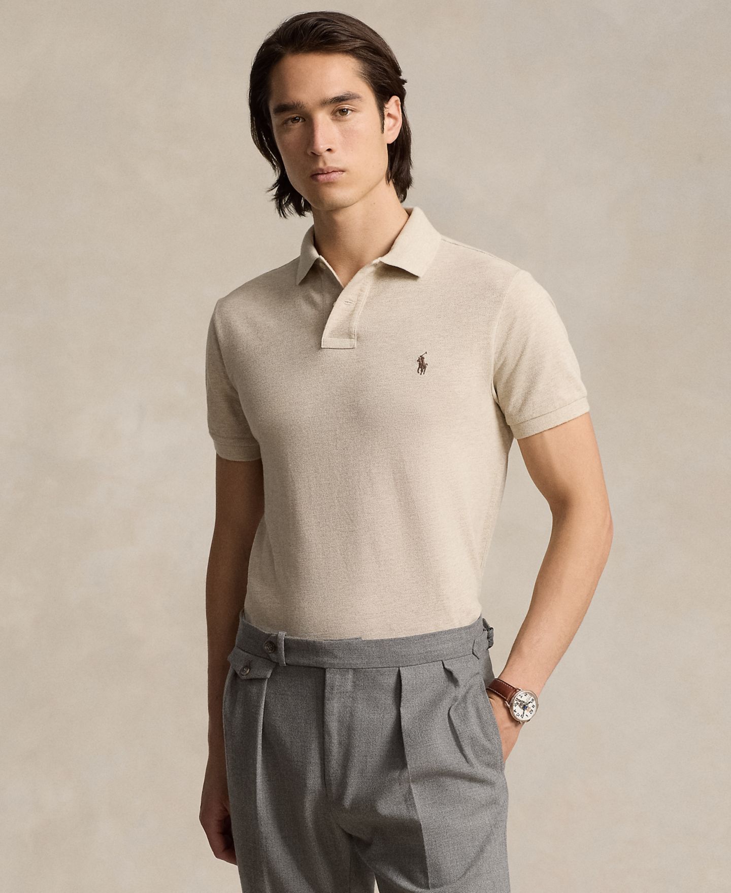 Мужское поло Polo Ralph Lauren Cotton Custom Slim Fit Mesh Polo Shirt, цвет: Дюнный меланжевый — фото 4