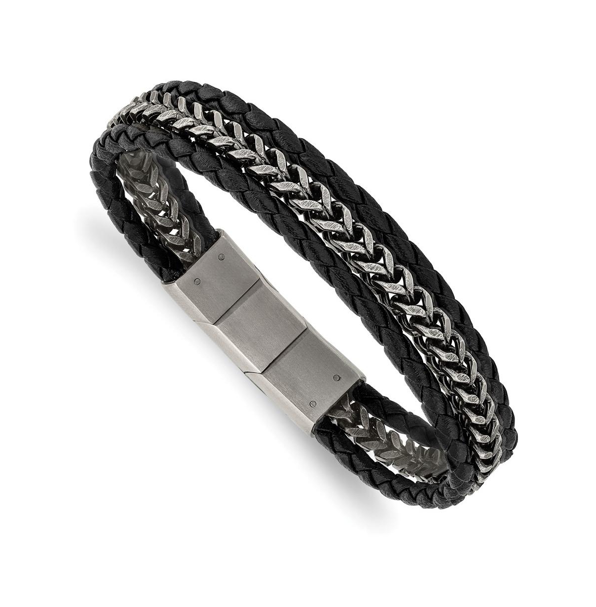 Stainless Steel Brushed Chain Black Leather Bracelet - Black