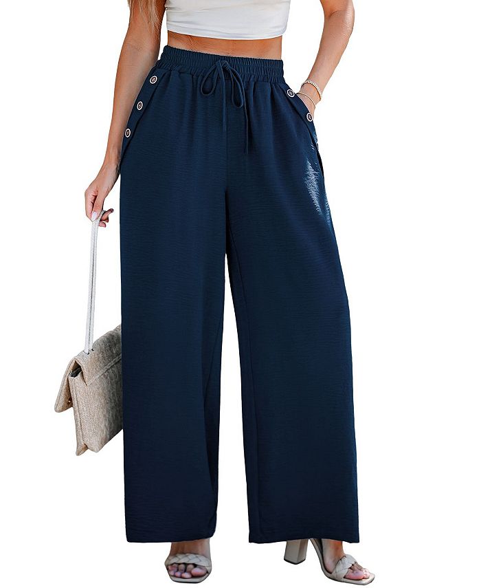 CUPSHE Women's Navy Elastic Waist Wide Leg Button Pants - Macy's