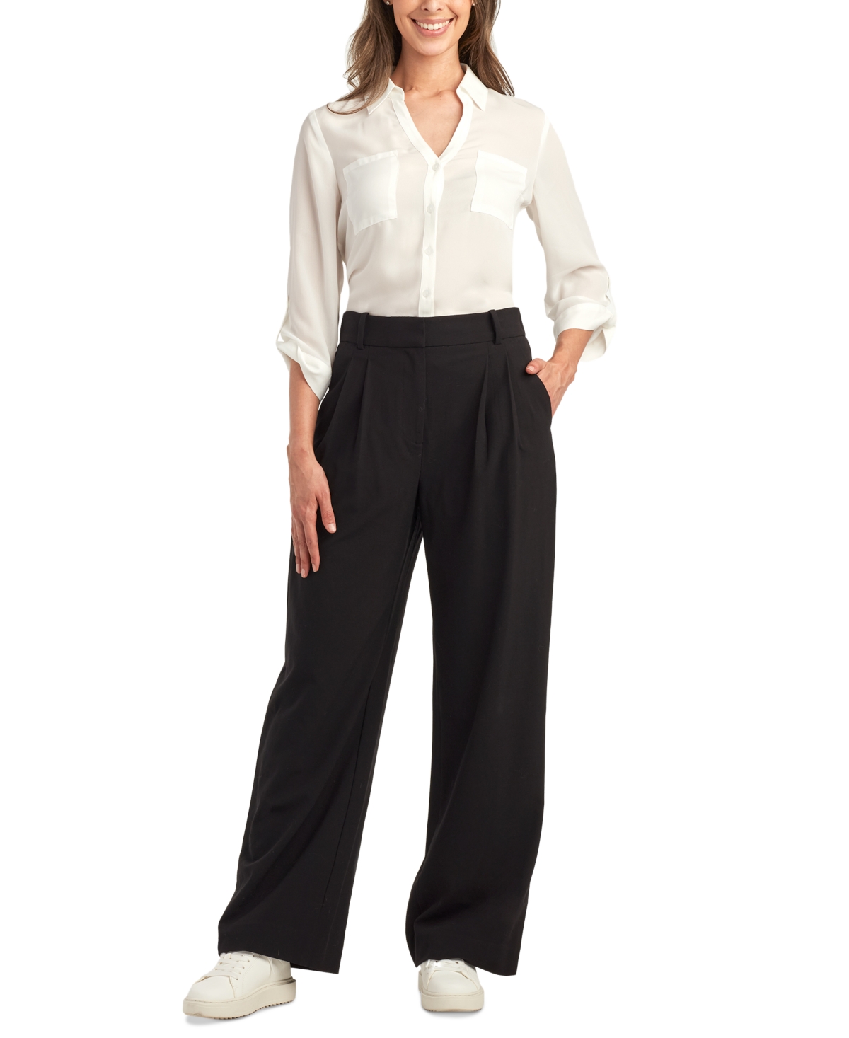 Juniors' Pleated-Front Wide-Leg Pants - Black