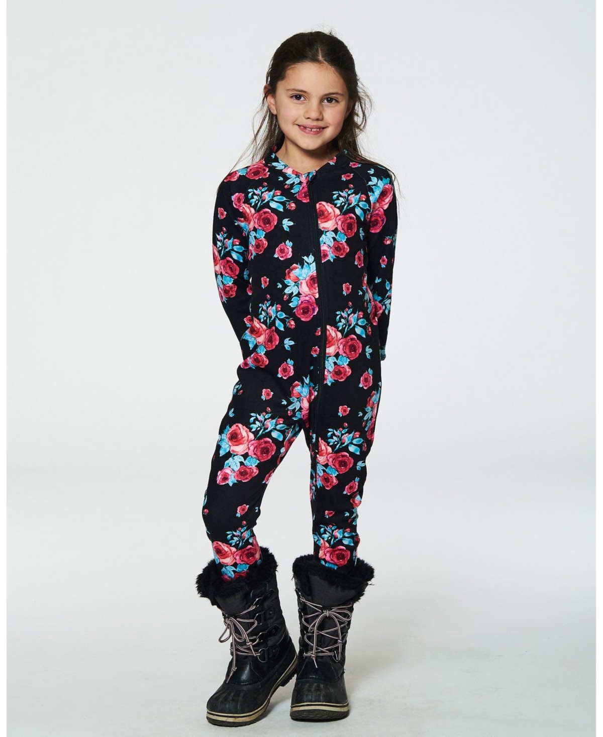 Deux par Deux Big Girls One Piece Thermal Underwear- Black printed roses