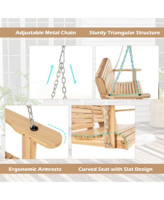 2-seat Wood Swing Bench with Folding Cup Holder and Sturdy Metal Hanging Chains