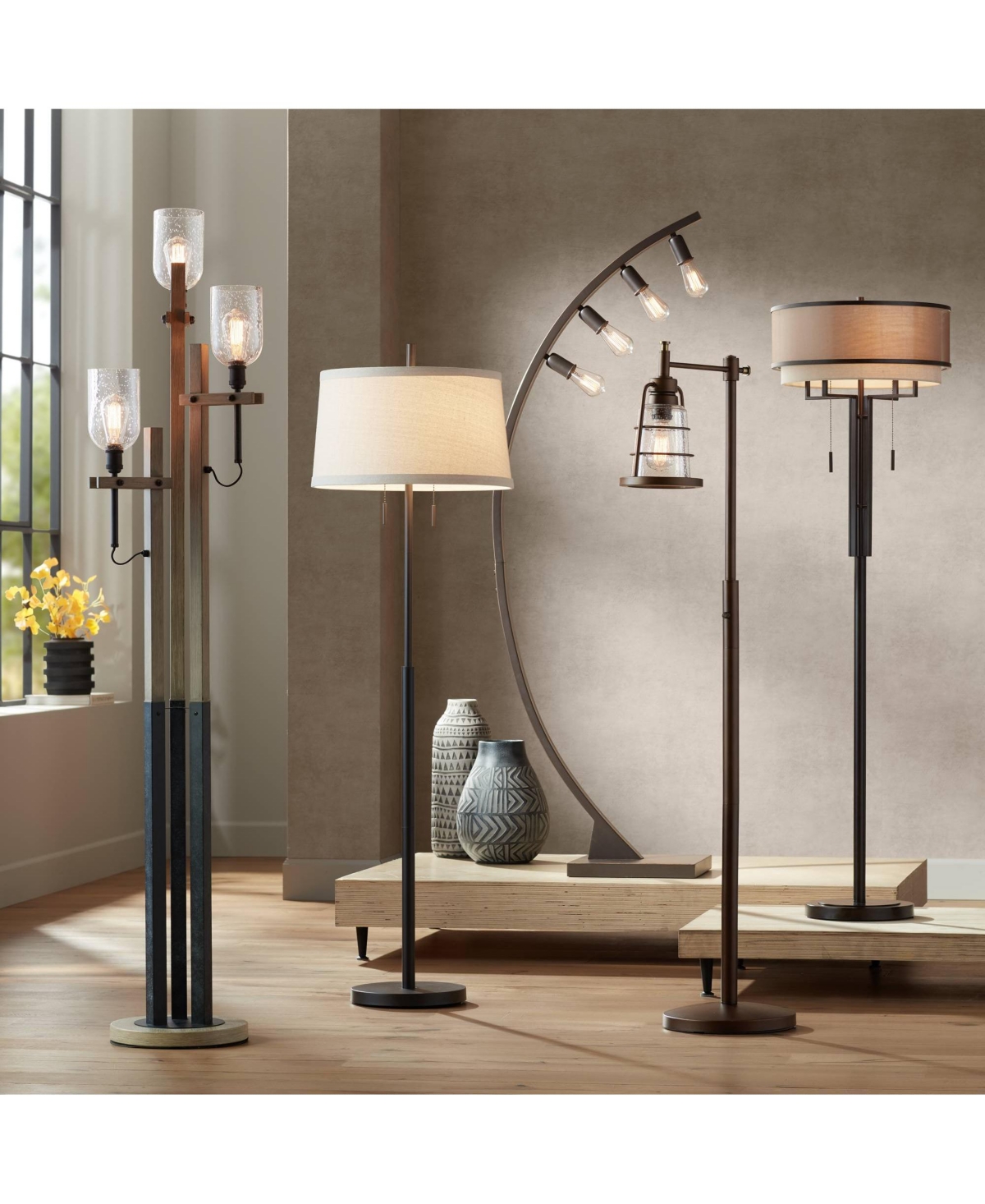 Possini Euro Design Nayla Modern Floor Lamp Standing Tall Bronze Steel Slender Column Off White Fabric Tapered Drum Shade Decor for Living Room