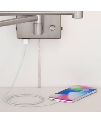 Vero Modern Swing Arm Wall Lamp Brushed Nickel Plug-in Light Fixture with USB Charging Port White Drum Shade for Bedroom Bedside Reading