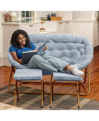 Janey Folding Double Saucer Chair With 2 Ottomans And Steel Frame For Dorm Or Bedroom