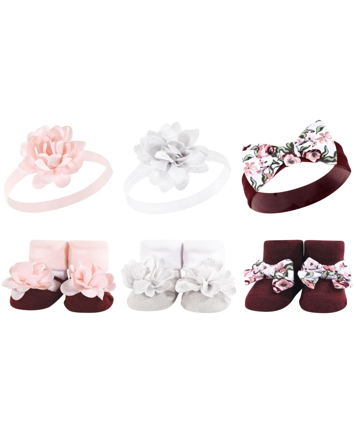 Hudson Baby Infant Girl 12Pc Headband and Socks Giftset, One Size - Rose pink burgundy