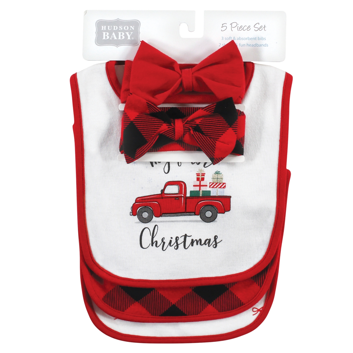 Hudson Baby Baby Girls Cotton Bib and Headband or Caps Set, One - Red truck bows