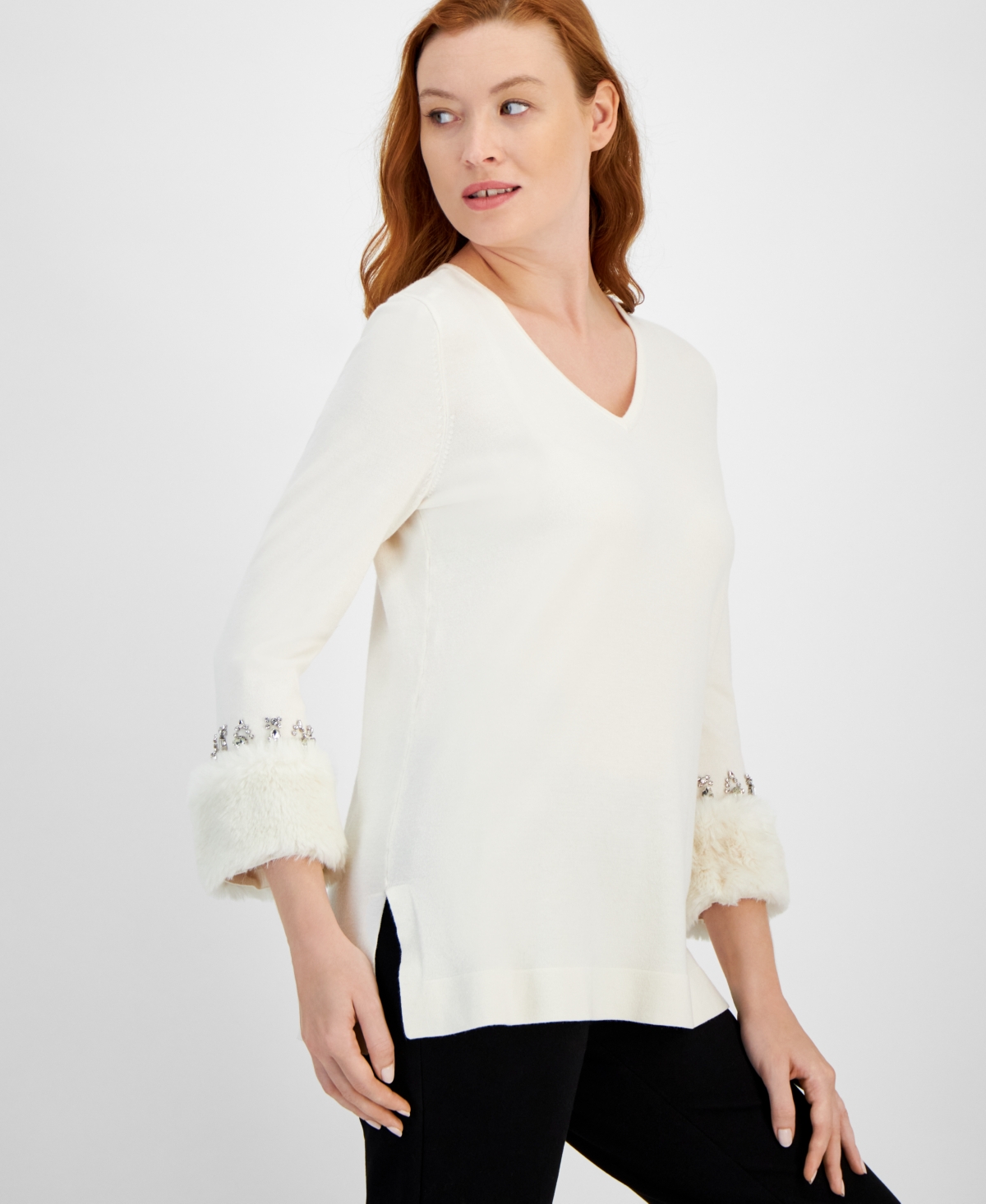 Anne Klein Women's Faux Fur Trim Sweater