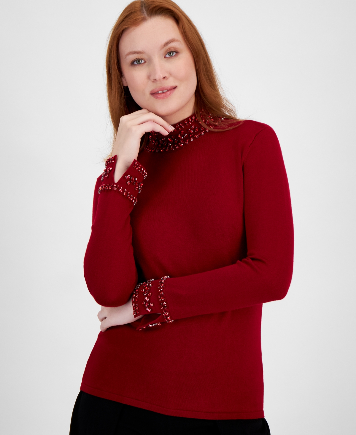 Anne Klein Women's Embellished Mock Neck Long Sleeve Sweater