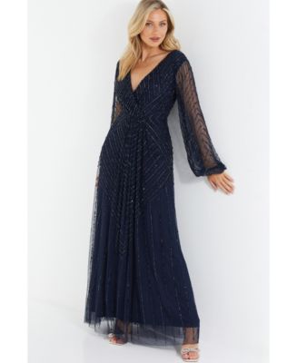 embellished long sleeve maxi dress in blue NAVY BLUE LONG SLEEVE TRAPEZOID NECKLINE BODYCON FULL DRESS | CULT MIA main image 1